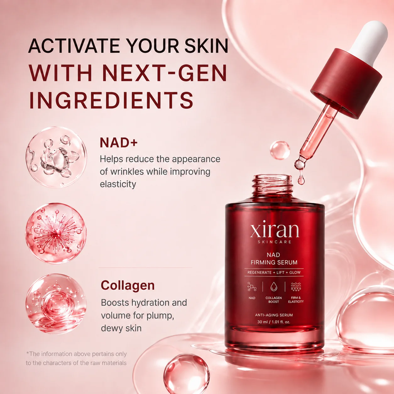 Flacon rouge de sérum raffermissant Xiran NAD avec les détails du produit mettant en évidence les ingrédients clés NAD+ et collagène, sur fond rose.